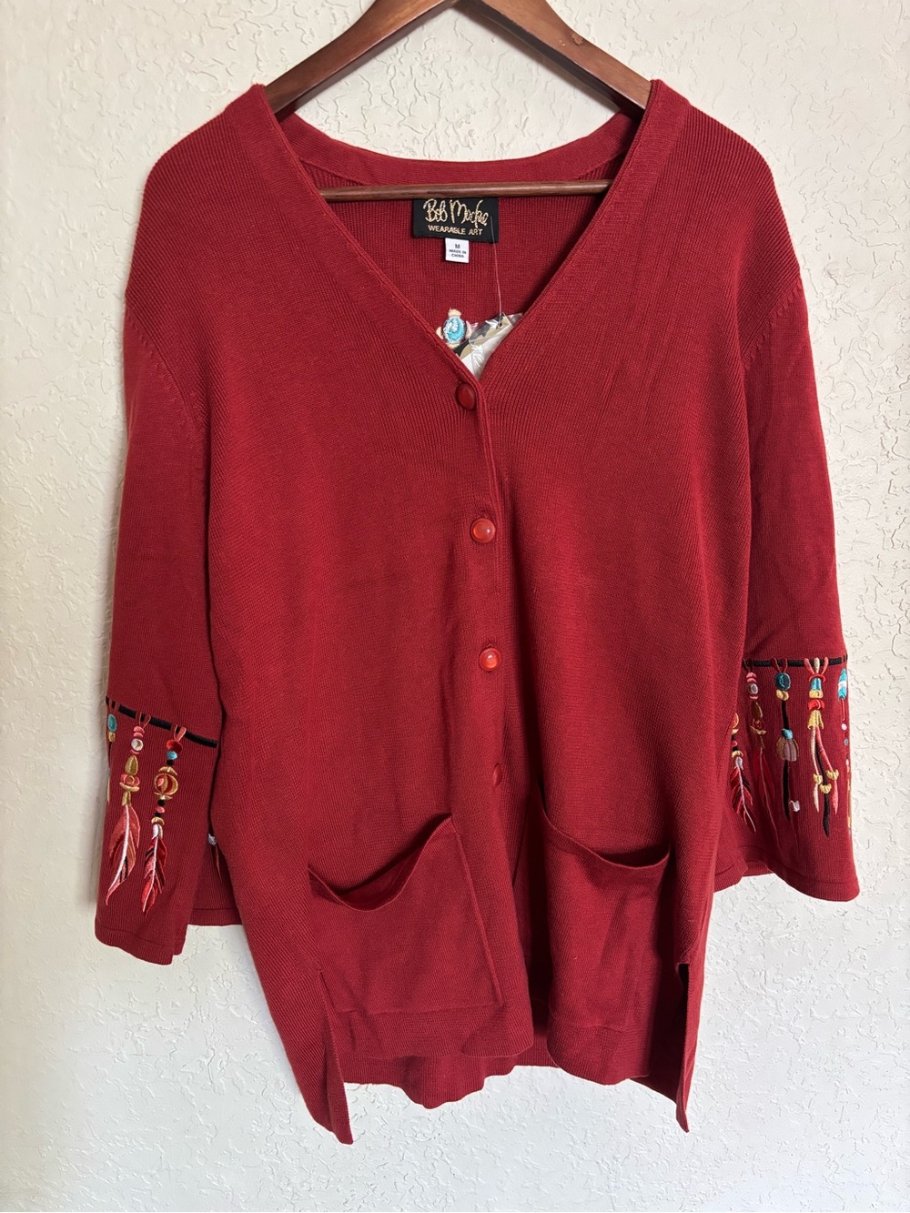 Bob Mackie Wearable Art Red Embroidered Button-Front Women's long cardigan M